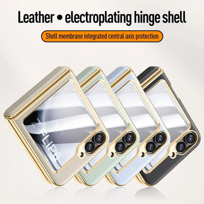 Electroplated Leather Case for Samsung Galaxy Z Flip 6/5 – Skin-Friendly Shockproof Hinge Cover with Tempered Film