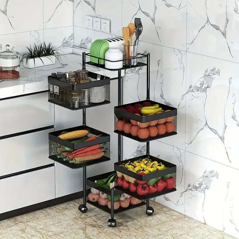 5 Tier Rotating Kitchen Storage Shelf - Metal Fruit & Vegetable Rack, Multi-Layer Trolley on Wheels