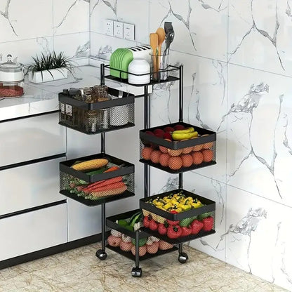 5 Tier Rotating Kitchen Storage Shelf - Metal Fruit & Vegetable Rack, Multi-Layer Trolley on Wheels