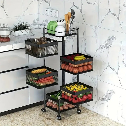 5 Tier Rotating Kitchen Storage Shelf - Metal Fruit & Vegetable Rack, Multi-Layer Trolley on Wheels