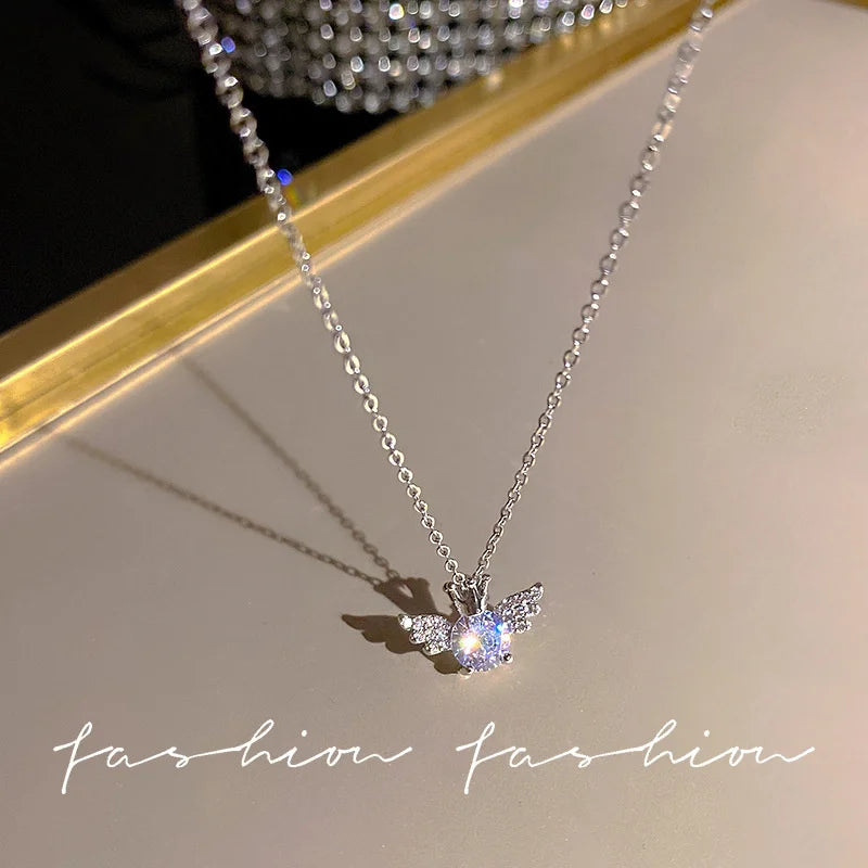 Y2K Crystal Bow Angel Wings Necklace - Heart Pendant Clavicle Chain for Women Trendy Aesthetic Jewelry