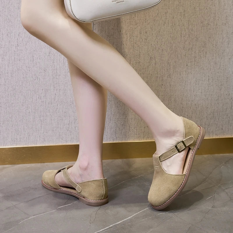 AIYUQI Women’s Retro Leather Sandals 2024 — Flat Sole Hollow Roman Style Summer Shoes