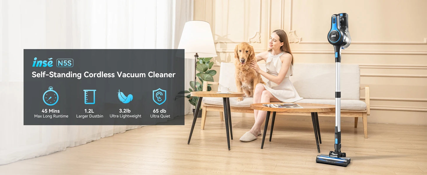 INSE Cordless Vacuum Cleaner – 20Kpa Lightweight Stick Vacuum with 2200mAh Battery for Hard Floors, Carpets, Hair & Car Cleaning