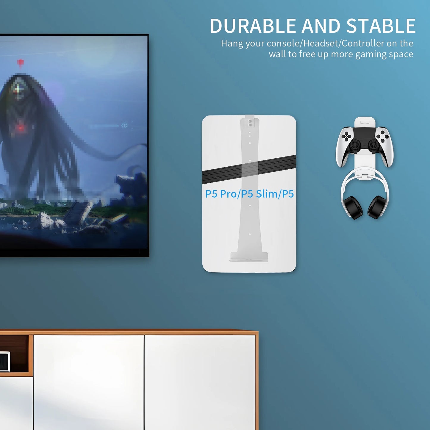 Steel Wall Mount Bracket for PS5 Slim – Stable Metal Wall Stand with Controller & Headphone Holder P5227
