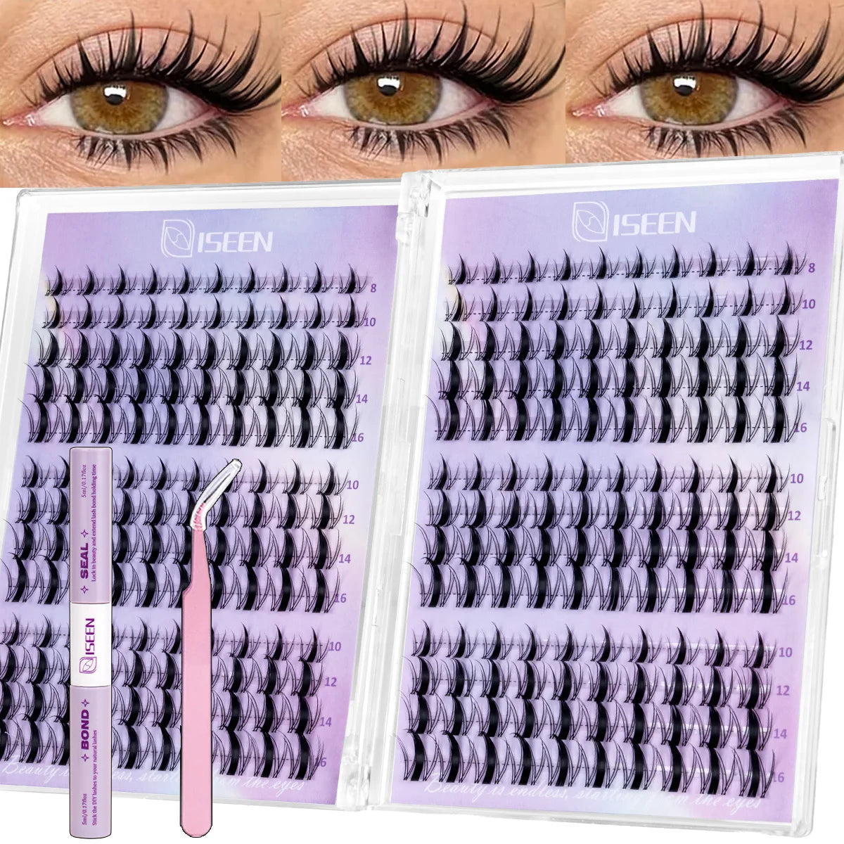 DIY Lash Clusters Kit – Wispy Natural C Curl Eyelash Extensions 8–16mm with Bond & Seal for Salon-Style Eyelash Makeup