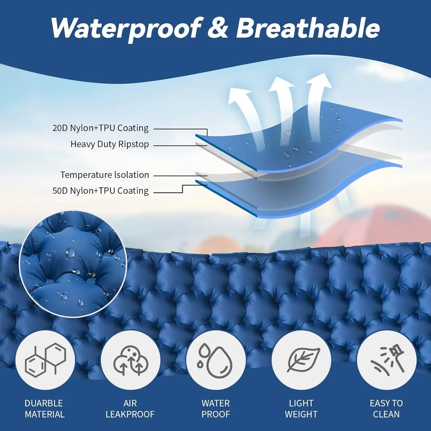 Double Camping Air Mattress with Pillow - Waterproof, Inflatable Sleeping Pad for Nature Hikes