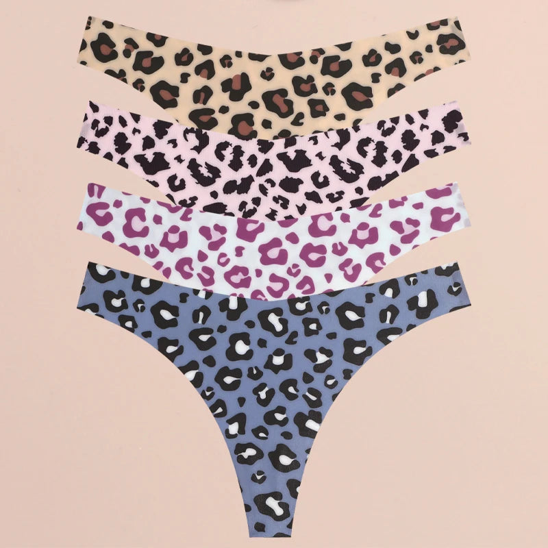 FINETOO 4Pcs Women’s Seamless Thong Underwear - Ultra Soft Leopard Print G-String Lingerie with Stretch Comfort Fit