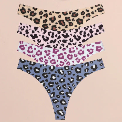 FINETOO 4Pcs Women’s Seamless Thong Underwear - Ultra Soft Leopard Print G-String Lingerie with Stretch Comfort Fit