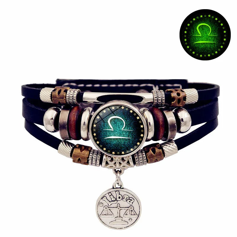 Starry Sky Zodiac Luminous Leather Bracelet - Multi-Layered Beaded Snap Closure for Men & Women, Friendship Bracelet