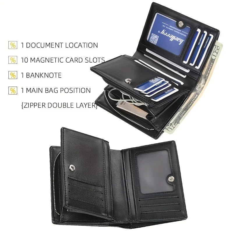 Men’s PU Leather Short Wallet – Vintage Zipper Coin Pocket, Large Capacity Money & Card Holder