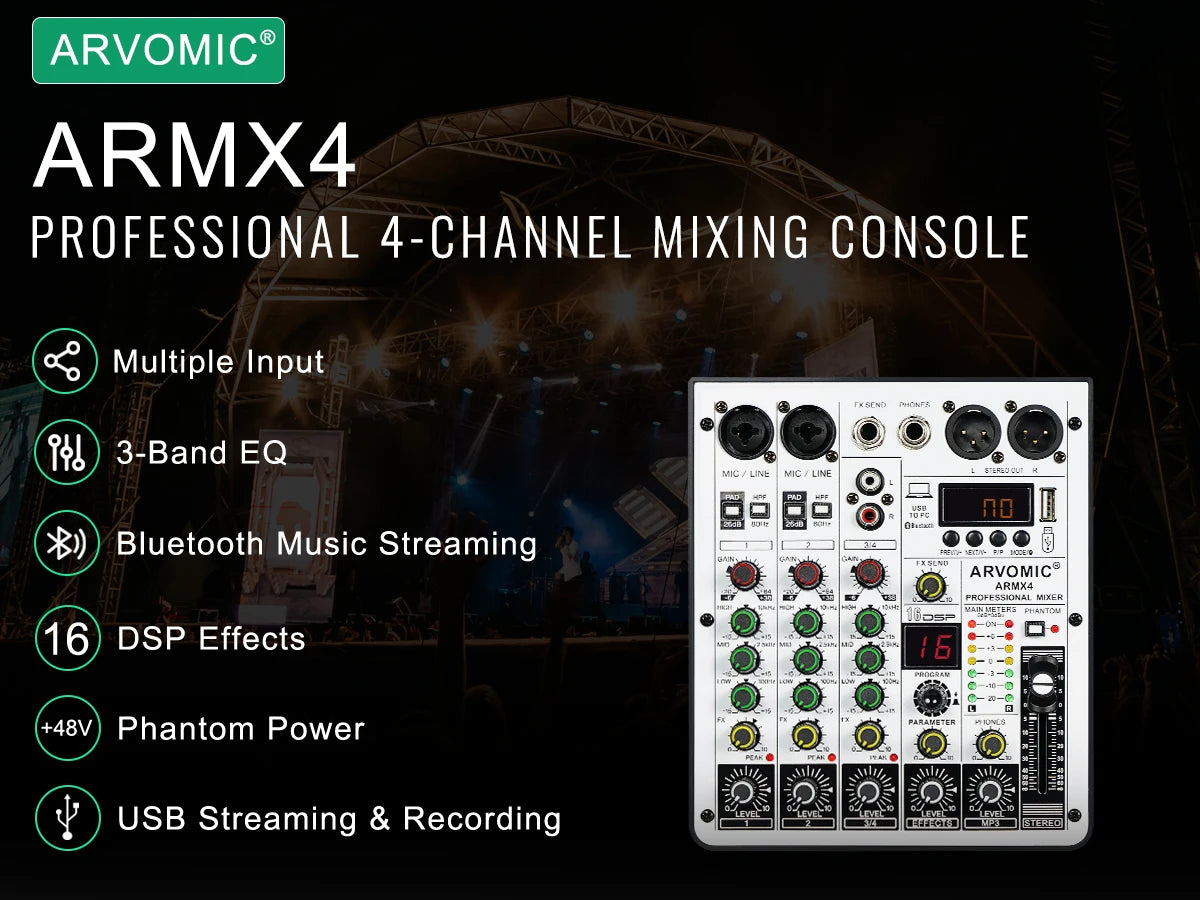 ARVOMIC 4-Channel DJ Audio Mixer – USB Interface, Bluetooth, 16 DSP Effects & 3-Band EQ (ARMX-4)