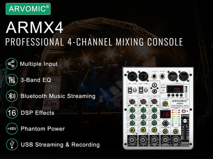 ARVOMIC 4-Channel DJ Audio Mixer – USB Interface, Bluetooth, 16 DSP Effects & 3-Band EQ (ARMX-4)