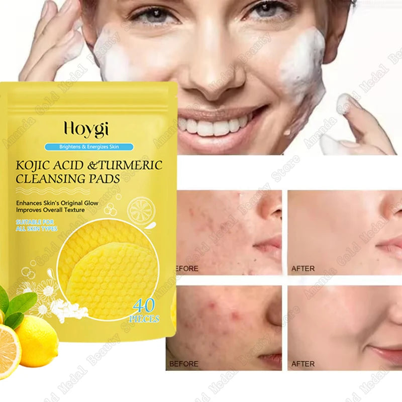 Turmeric & Kojic Acid Facial Cleansing Pads — Lemon Deep Cleanse, Brightening & Whitening Cotton Pads for Face Skincare