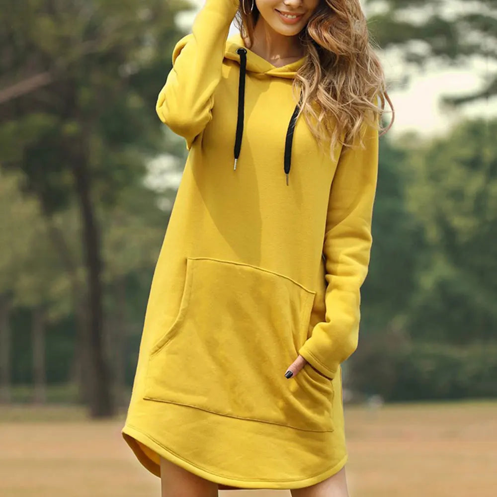 Jocoo Jolee Casual Loose Women’s Hoodie - Solid Long Style Sweatshirt with Pockets, Oversized Kpop Pullover Dress