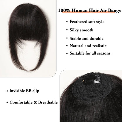 Clip-In Bangs for Women - 100% Human Hair, Thick French Natural Black Brown Hairpieces with Temples