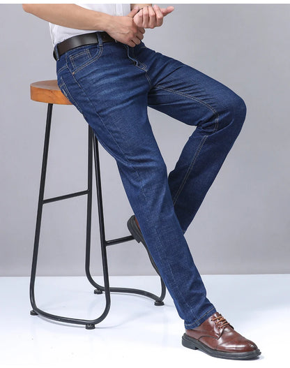 Men’s Casual Comfortable Jeans – Straight Loose Fit High Waist Elastic Trousers for All Seasons & Office Wear