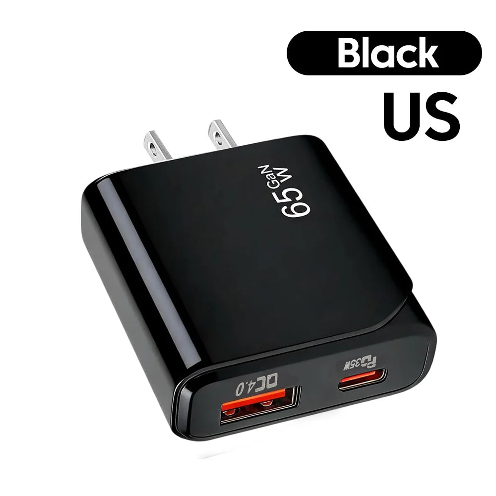 65W GaN USB-C Fast Charger – Ultra-Thin Dual-Port PD/QC Wall Adapter for iPhone, Samsung, and Xiaomi Devices