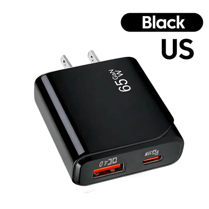 65W GaN USB-C Fast Charger – Ultra-Thin Dual-Port PD/QC Wall Adapter for iPhone, Samsung, and Xiaomi Devices