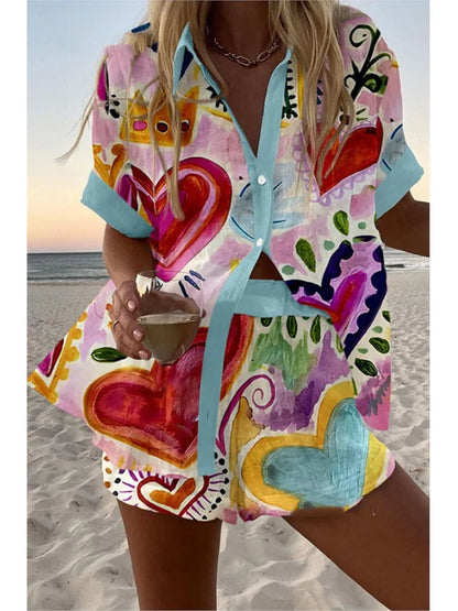 Women’s Summer 2-Piece Set – Lapel Short-Sleeve Shirt & Shorts, Elegant Loose Printed Outfit