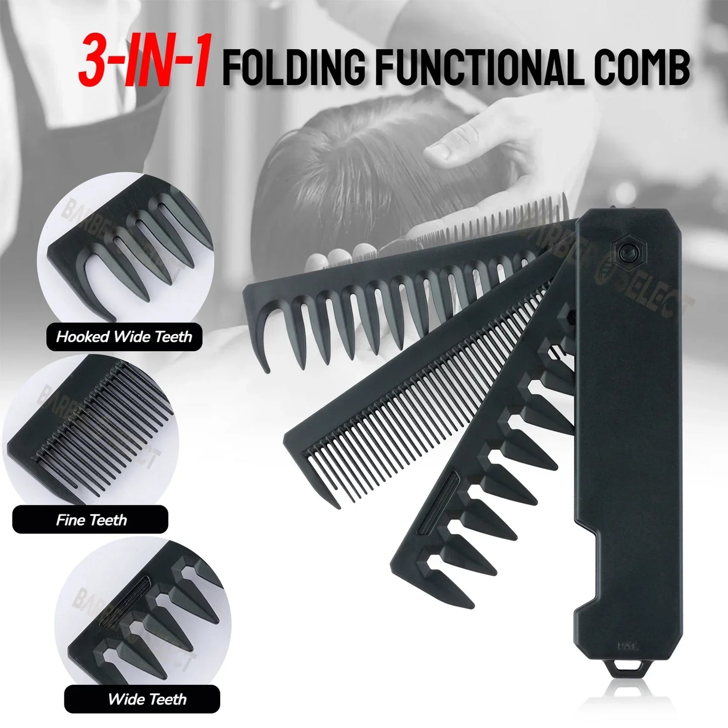 Newest 1/2/3-in-1 Portable Folding Comb – Wide Tooth Barber Clipper, Mini Beard & Hair Combing Styling Tool