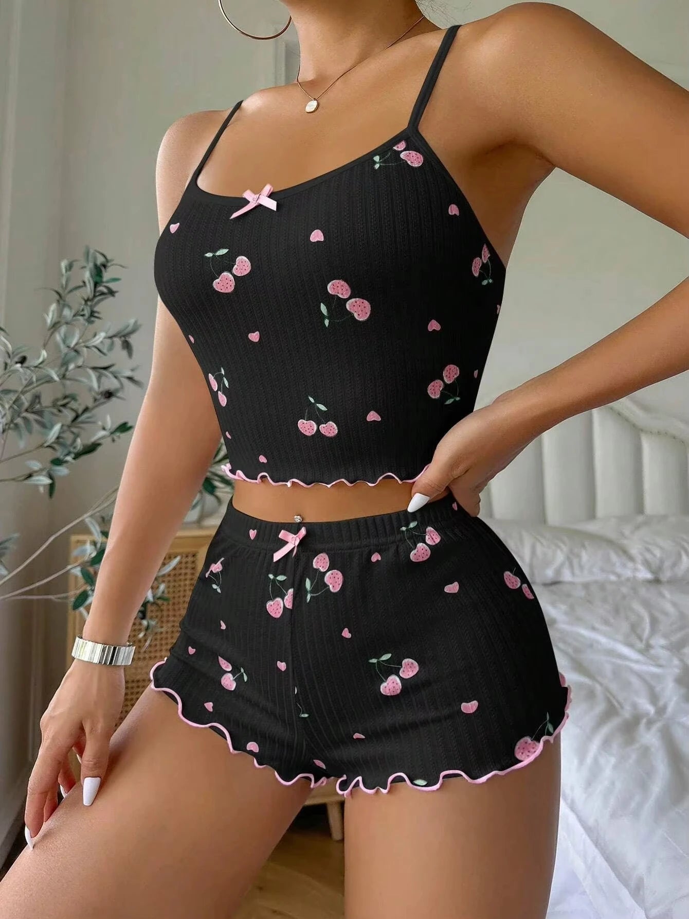 Women’s Summer Pajama Set - Heart Print Ribbed Cami Top & Shorts Nightwear with Bow Detail and Backless Design