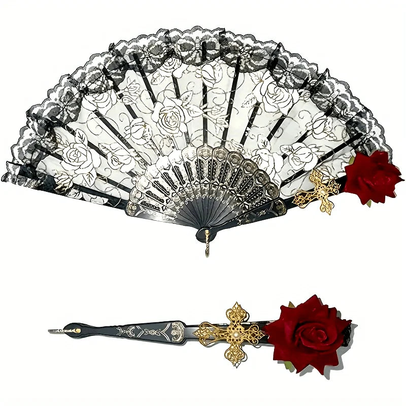 Vintage Spanish Flamenco Rose Lace Folding Fan - Elegant Handheld Fan for Weddings & Parties