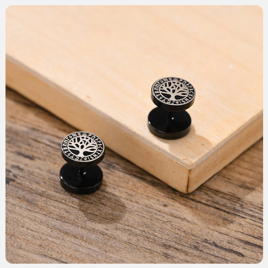 Vnox Men's Viking Black Stud Earrings - Vegvisir & Norse Valknut, Cool Punk Stainless Steel Set