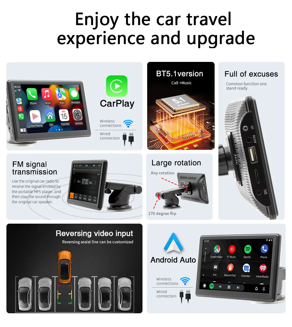 BQCC 7" HD IPS Car MP5 Player — Portable Stereo with Wireless CarPlay, Android Auto, BT, FM, USB & WiFi