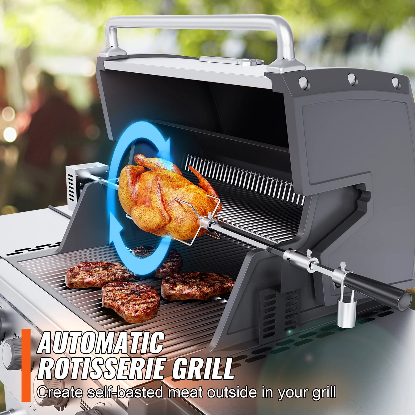 SucceBuy Universal Grill Rotisserie Kit – 9W Motor Stainless Steel Electric BBQ Automatic Grilling Set