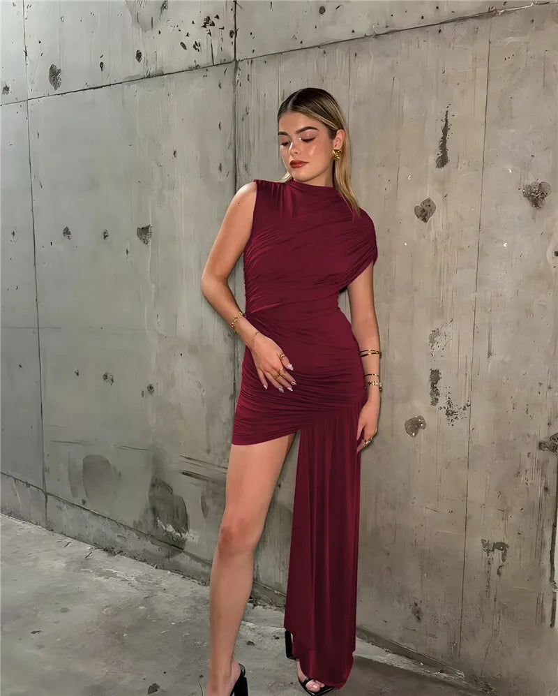Balitops Summer Draped Ruched Mini Dress – 2025 Irregular High Waist Slim Fit Elegant Club Tank Dress for Women