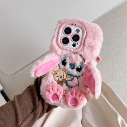 3D Cute Stitch Ear Plush Phone Case – Fluffy Shockproof Cover for iPhone 13–17 Pro Max & Plus