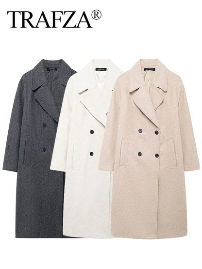 TRAFZA 2024 Women’s Autumn Loose Coat – Lapel Double-Breasted Long Sleeve Trench Jacket, Winter Warm Vintage Outerwear