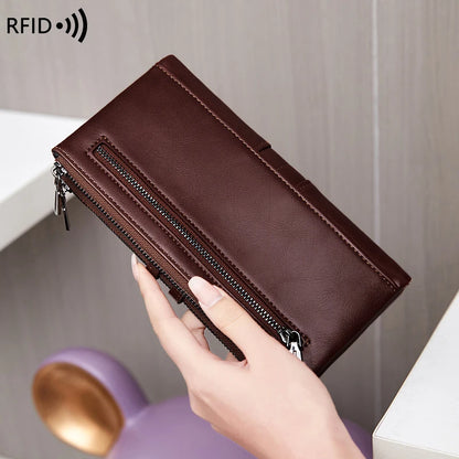 RFID Blocking Large Capacity Wallet – Soft Leather Solid Color Clutch, Multi-Functional Zipper Purse for Women & Men