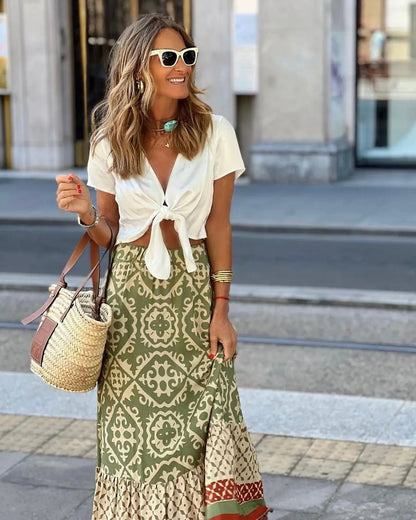 Women’s Boho Printed Midi Swing Skirt – Elastic Waist Spliced A-Line Beach & Casual Daily Wear Skirt