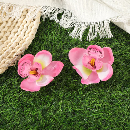 Simulated Orchid Flower Hairpins – White & Pink Hair Clips for Women, Summer Travel Seaside Fashion Headwear