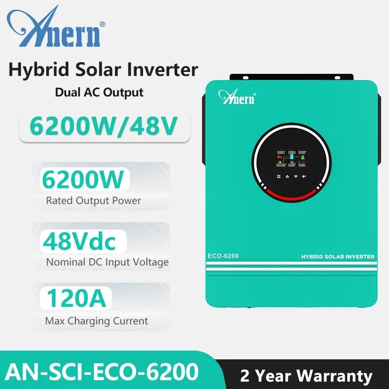 Solar Off-Grid Hybrid Inverter 3600W/4200W/6200W - MPPT Controller 24V/48V/220V, 120A, for Hybrid Solar Systems