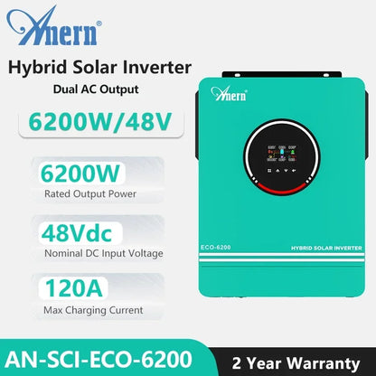 Solar Off-Grid Hybrid Inverter 3600W/4200W/6200W - MPPT Controller 24V/48V/220V, 120A, for Hybrid Solar Systems
