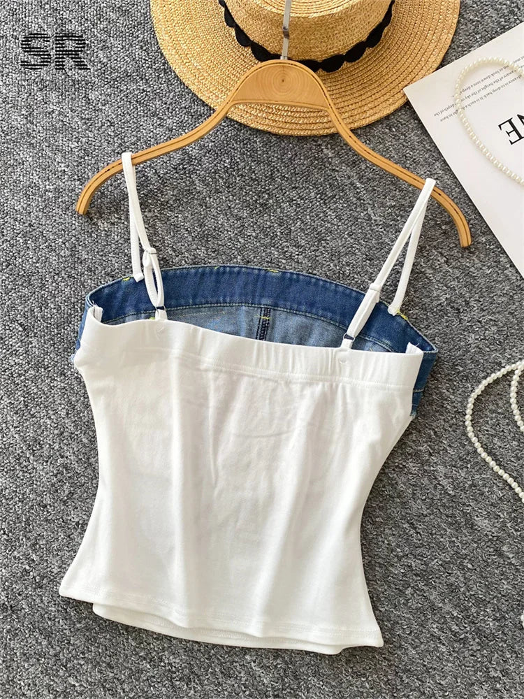 SINGREINY Y2K Denim Patchwork Crop Top — Women’s Retro Letter Embroidery Slim Streetwear Strap Top