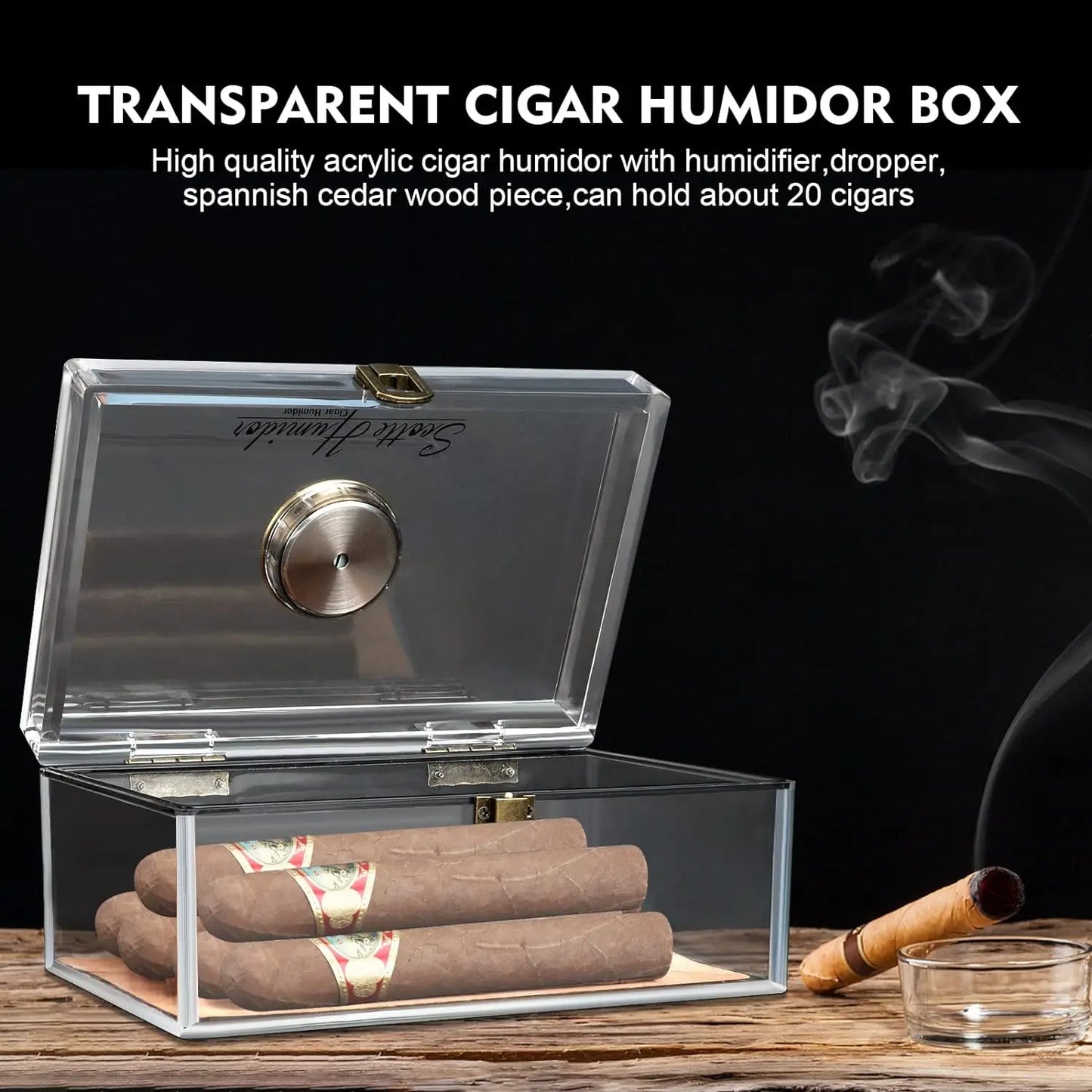 Scotte Acrylic Cigar Case Humidor – Holds 20 Cigars, Includes Hygrometer, Humidifier, Cigar Cutters, Punch & Accessories