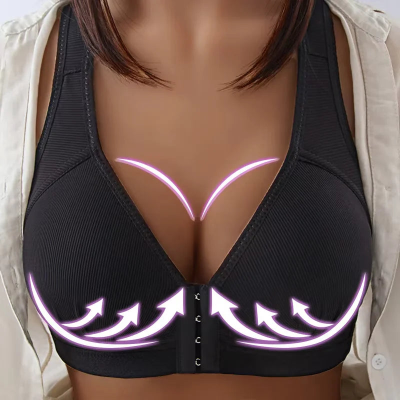 Women’s Front-Button Push-Up Bra - Wireless Full-Support Bralette with Lift & Comfort