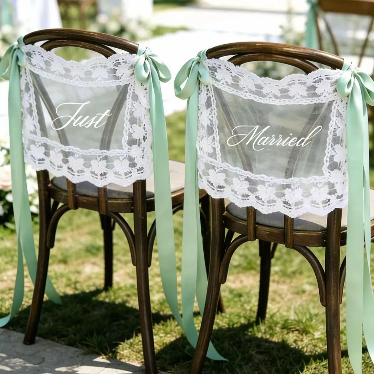 Personalized Just Married Chair Signs - Lace Wedding Chair Banners for Bride & Groom