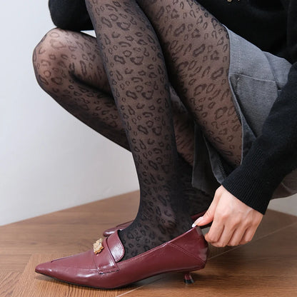 Vintage Women’s Sheer Silky Pantyhose, Gothic Black Leopard Print Transparent Tights, Seamless Sexy Animal Pattern Stockings