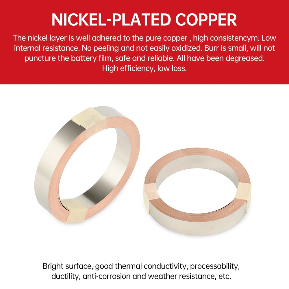 5M T2 Pure Copper & Nickel Strip — 0.15mm/0.2mm Nickel-Plated Copper Belt for 18650, 26650, 21700 Lithium Battery Pack Spot Welding