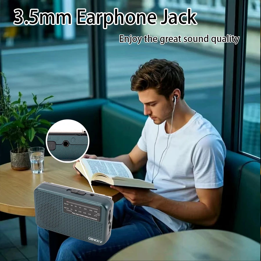 Mini FM/AM Two-Band Radio — 1W Loud Speaker with 3.5mm Headphone Jack & 180° High-Performance Antenna for Home Use