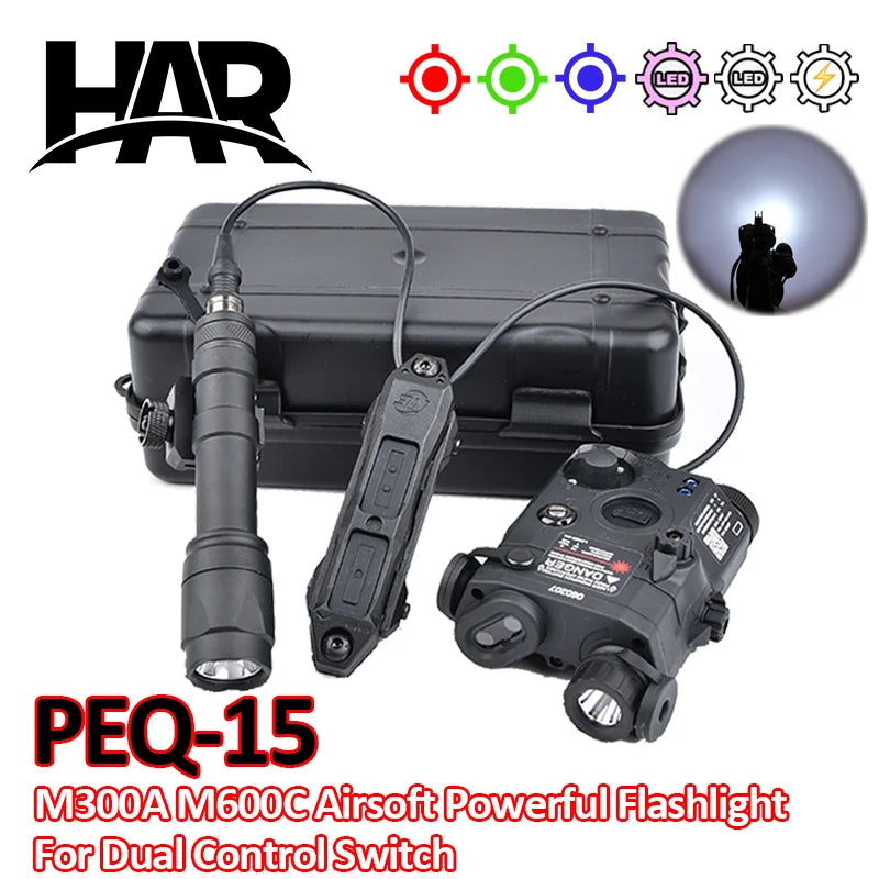 PEQ-15 Tactical SureFire M600C/M300A Flashlight — AR15 Airsoft Dual Control Switch with Red/Green/Blue Laser, Hunting Accessory