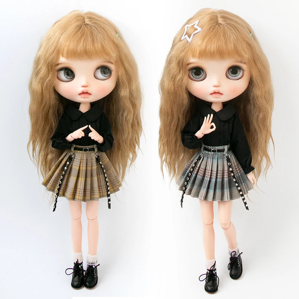 Blythe Doll Clothes Plaid Pleated Skirt & Off-Shoulder Top Tulle Dress Set — Ruffle Skirt for Licca, Azone, OB22, YMY Doll Accessories