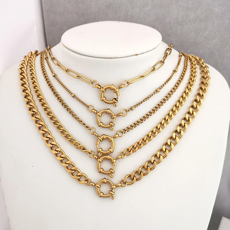 Spring Sailor Clasp Necklace – Stainless Steel Paperclip Link Chain Choker for Women & Men, Geometric PVD Gold Jewelry