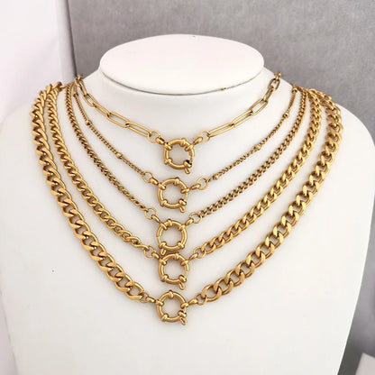 Spring Sailor Clasp Necklace – Stainless Steel Paperclip Link Chain Choker for Women & Men, Geometric PVD Gold Jewelry