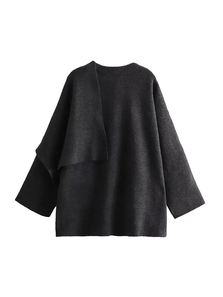 TRAF 2023 Winter Women's Scarf Coat – Long Sleeve, Knitted Asymmetric Jacket, Streetwear Casual Outerwear