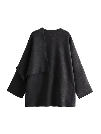 TRAF 2023 Winter Women's Scarf Coat – Long Sleeve, Knitted Asymmetric Jacket, Streetwear Casual Outerwear